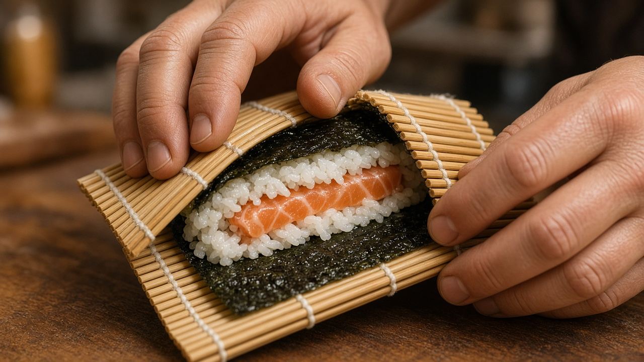 Mains en train de rouler un maki
